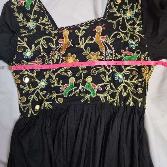VINTAGE 90s black embroidered boho floral peasant lagenlook midi dress ‎ S - Picture 11 of 13